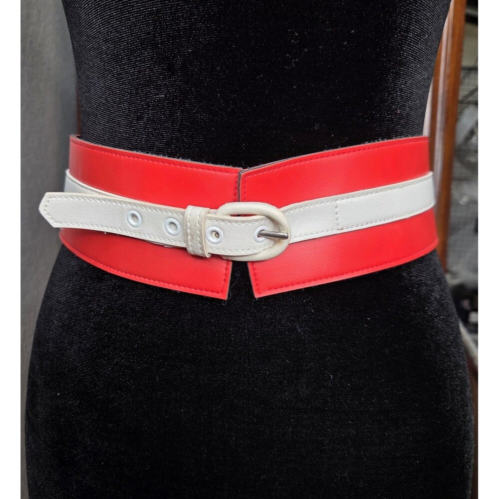 Belt Womens Size 10 Red White Colorblock Wide Waist Faux Leather Buckle Retro